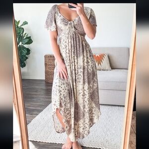 Celestial Boho Coquette Midi Dress SOZY Vintage Floral Print Flutter Sleece Sz L